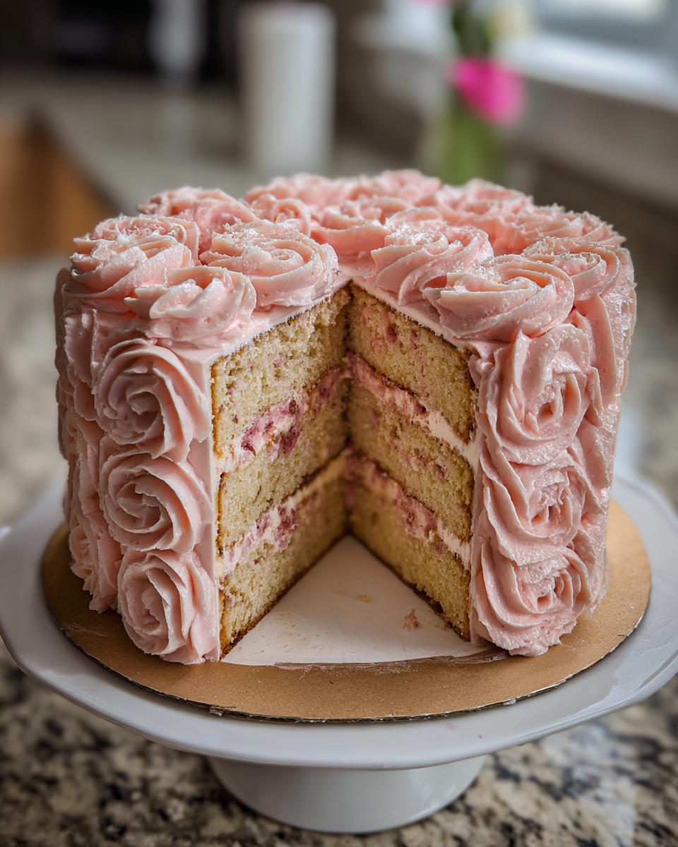 A slice removed from a beautiful rose cake showing layers of vanilla cake and pink filling.