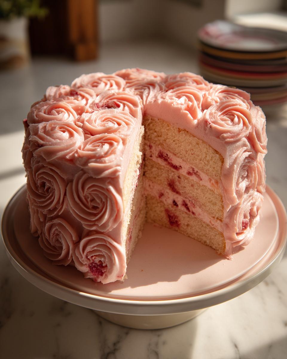 A beautiful pink rose cake with a slice removed, revealing layers of sponge and raspberry filling.