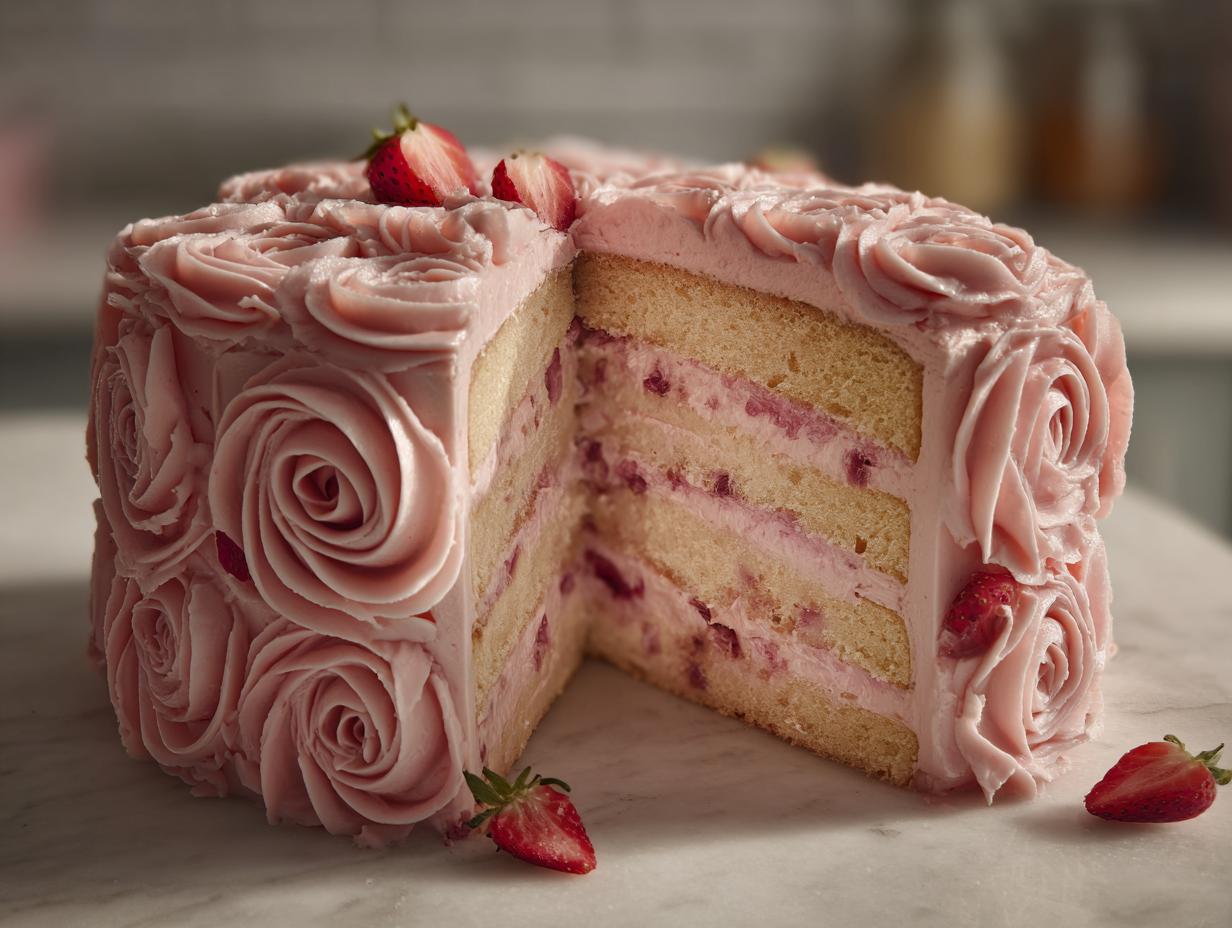 Cross-section view of a stunning rose cake featuring three layers of sponge, pink frosting roses, and strawberry filling.