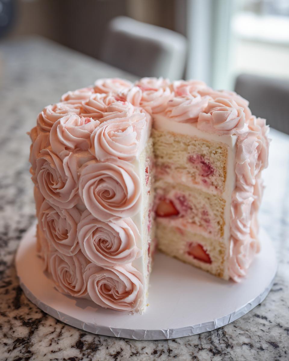 A three-layer vanilla rose cake with pink frosting roses and strawberry filling, with one slice cut out.