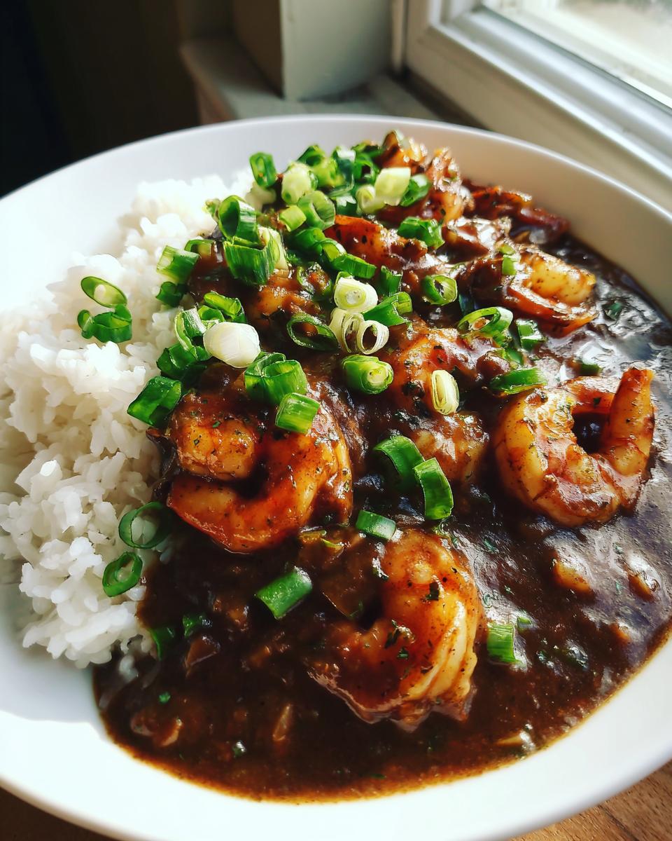 A close-up of a bowl of rich, dark shrimp etouffee served next to fluffy white rice and topped with fresh green onions.