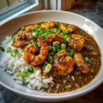 A close-up of rich shrimp etouffee served over fluffy white rice and topped with fresh green onions.