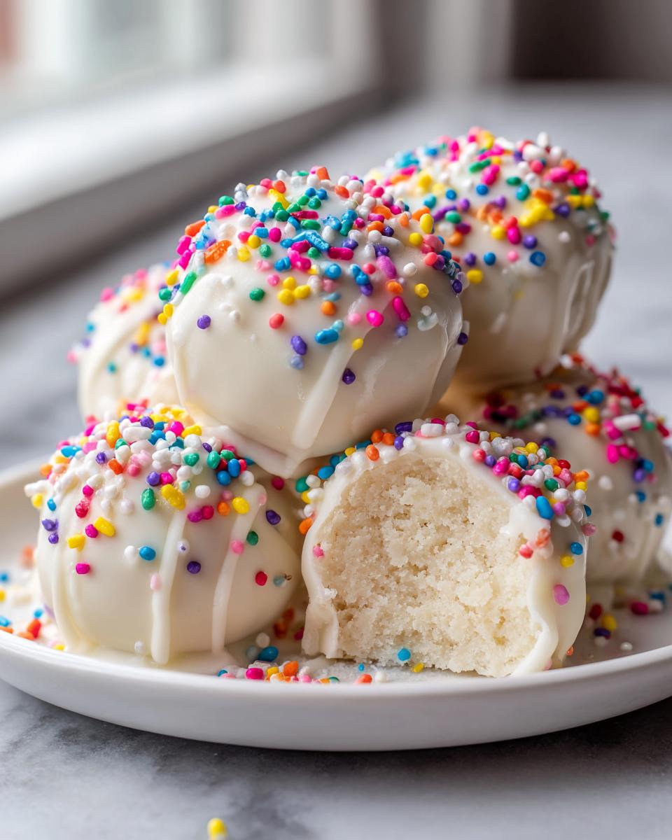 A stack of white chocolate-dipped sugar cookie truffles covered in rainbow sprinkles, one is bitten to show the soft interior.