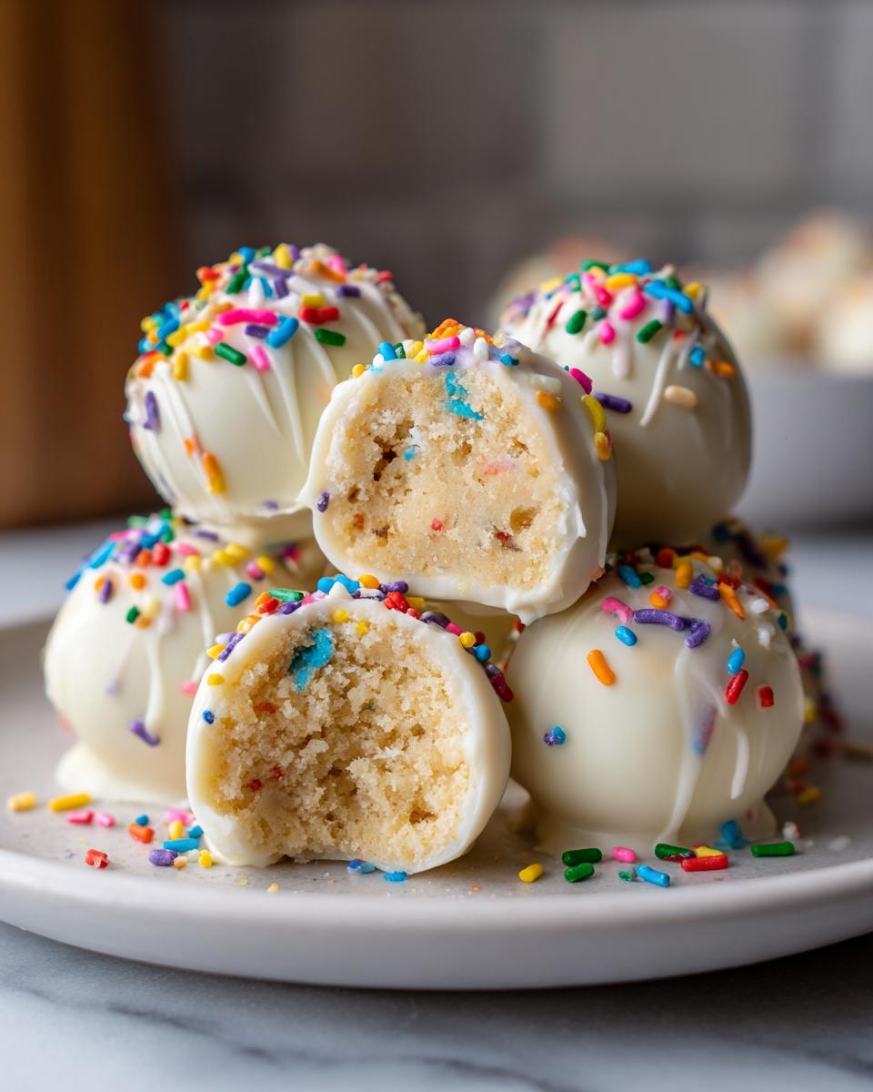 A stack of white chocolate-coated sugar cookie truffles, one cut in half showing the cake-like center and colorful sprinkles.