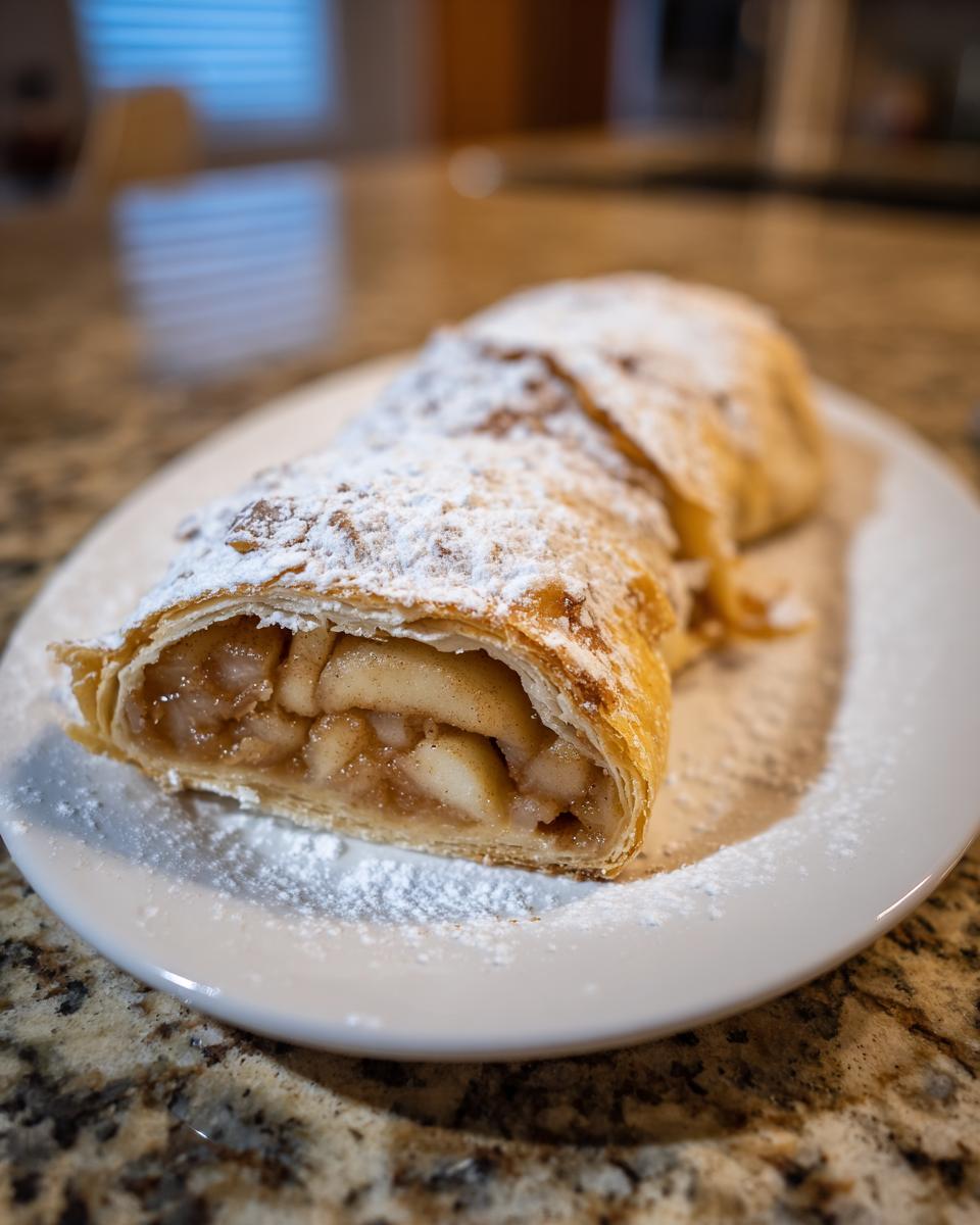 A close-up of a freshly baked apple strudel slice dusted heavily with powdered sugar, revealing the spiced apple filling.