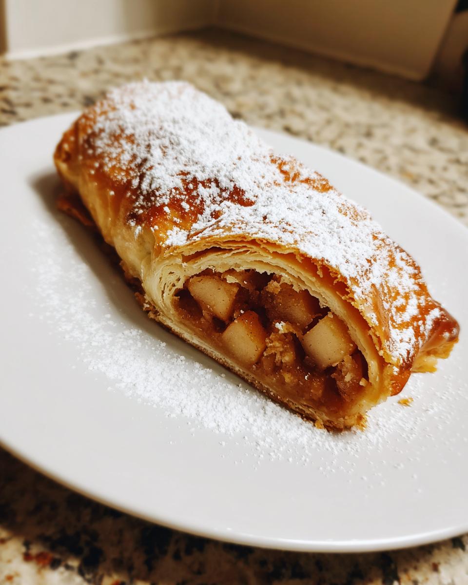 A close-up of a flaky, golden brown apple strudel slice filled with spiced apples and heavily dusted with powdered sugar.
