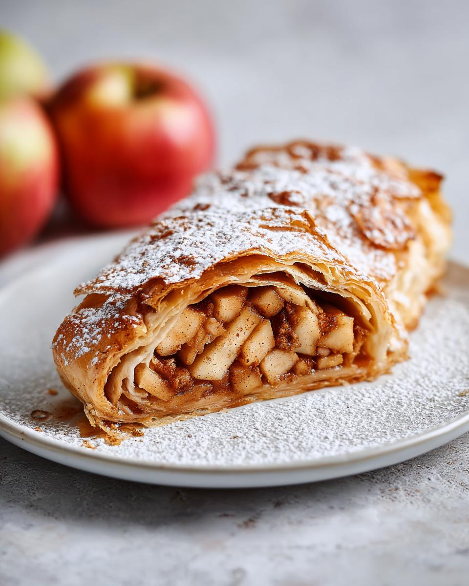 A close-up of a flaky slice of apple strudel filled with cinnamon apples, dusted with powdered sugar, with fresh apples in the background.