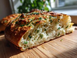 Close-up of a slice of golden-crusted artisan bread showing an open, airy crumb dotted with green herbs.