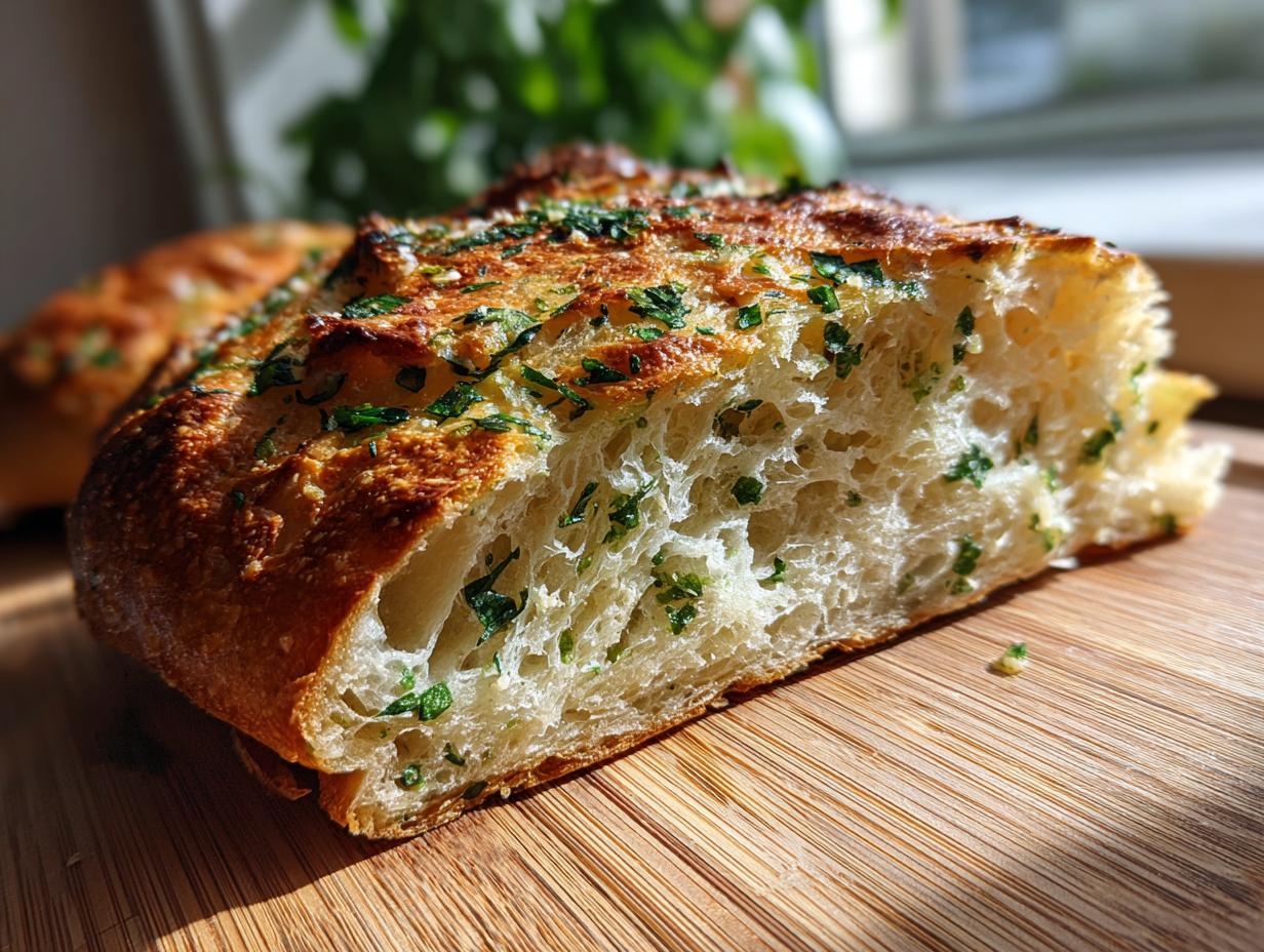 Close-up of a slice of golden-crusted artisan bread showing an open, airy crumb dotted with green herbs.