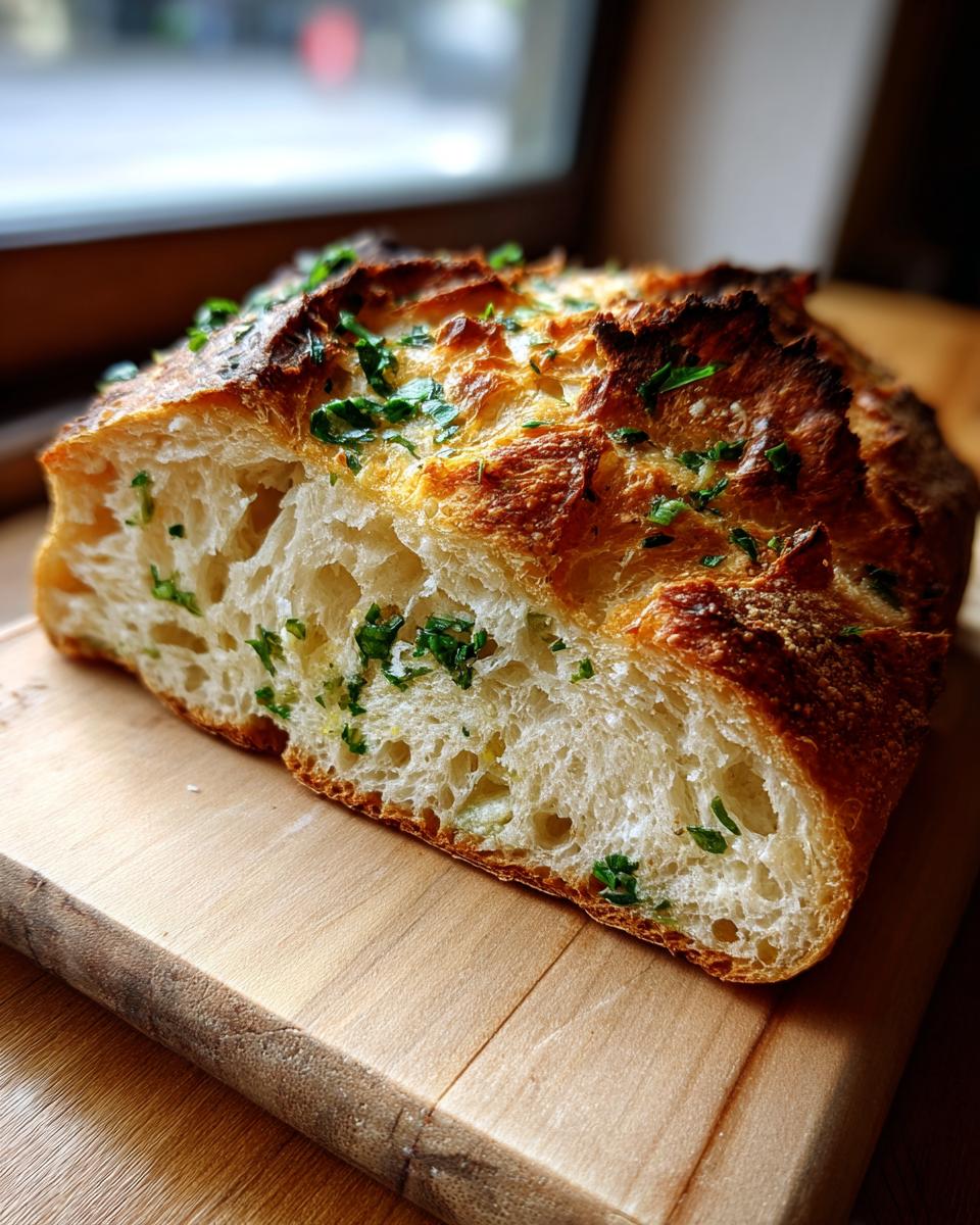 Close-up of a freshly baked artisan bread loaf, showing the open, airy crumb and golden crust topped with green herbs.
