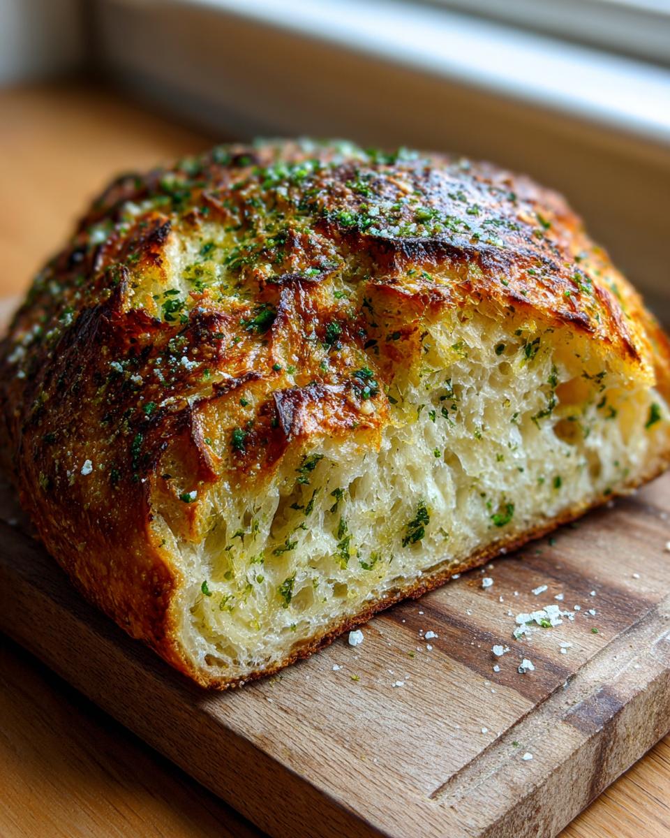 Close-up of a freshly baked artisan bread loaf, sliced open to show the airy crumb, topped with herbs and coarse salt.