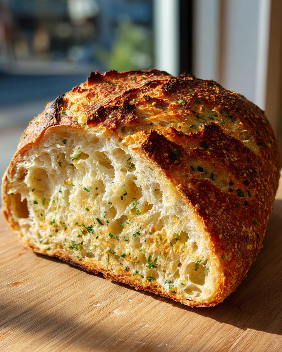 A loaf of golden-crusted artisan bread, sliced open to show the airy crumb dotted with green herbs.
