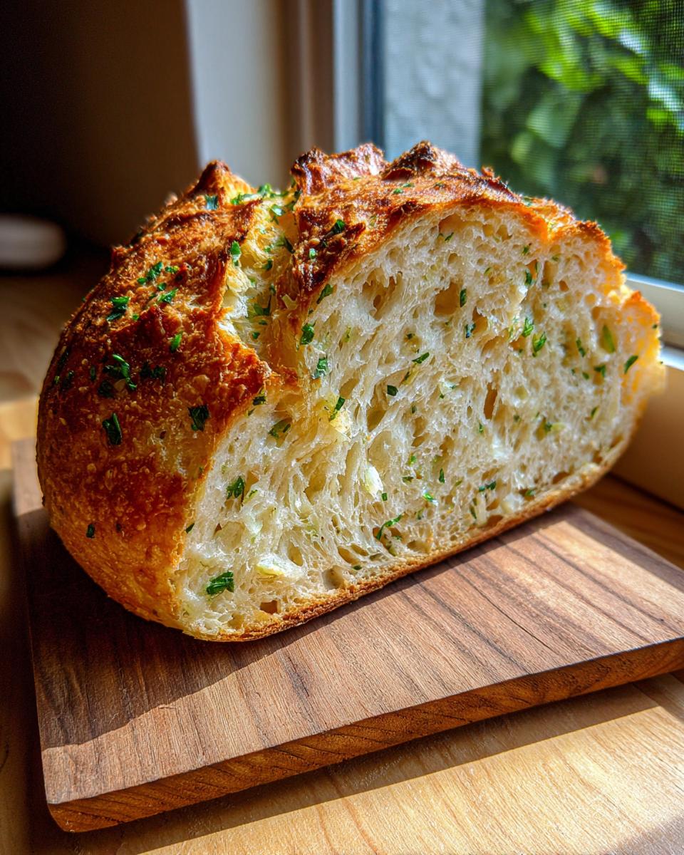 A freshly baked loaf of artisan bread, cut in half to show the airy crumb and topped with green herbs.