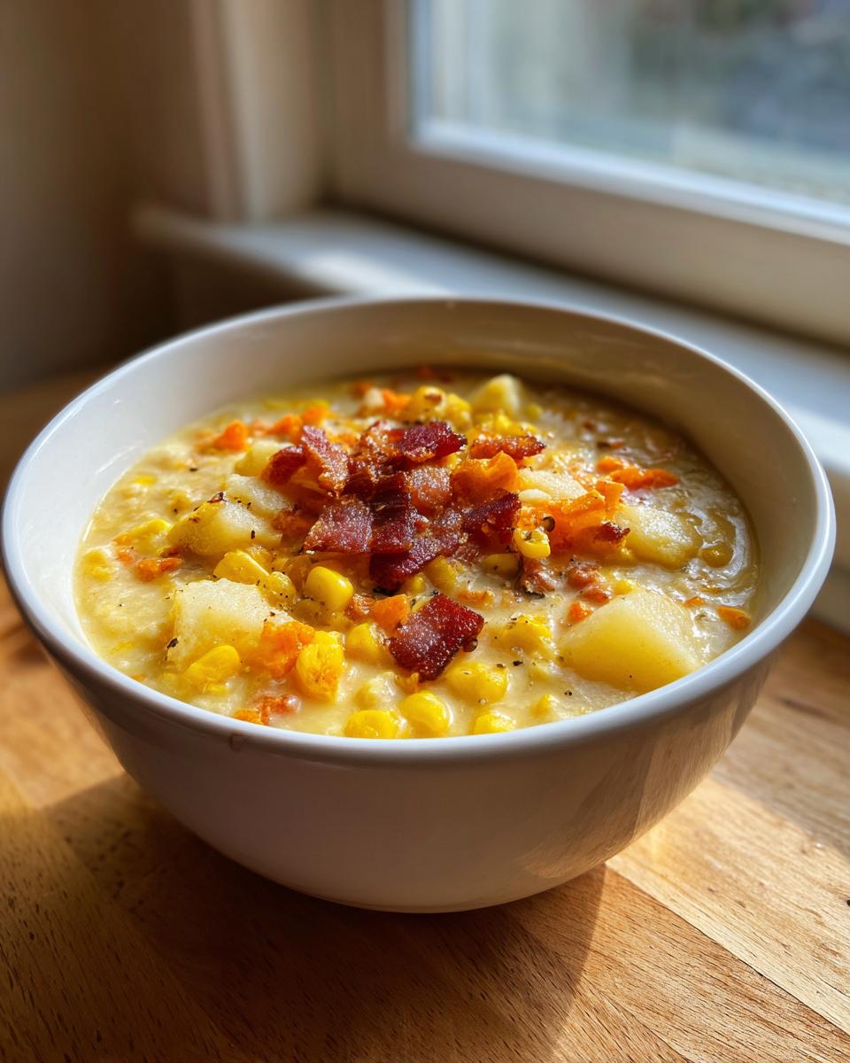 A close-up of a white bowl filled with creamy corn chowder recipe, topped generously with crispy bacon bits.