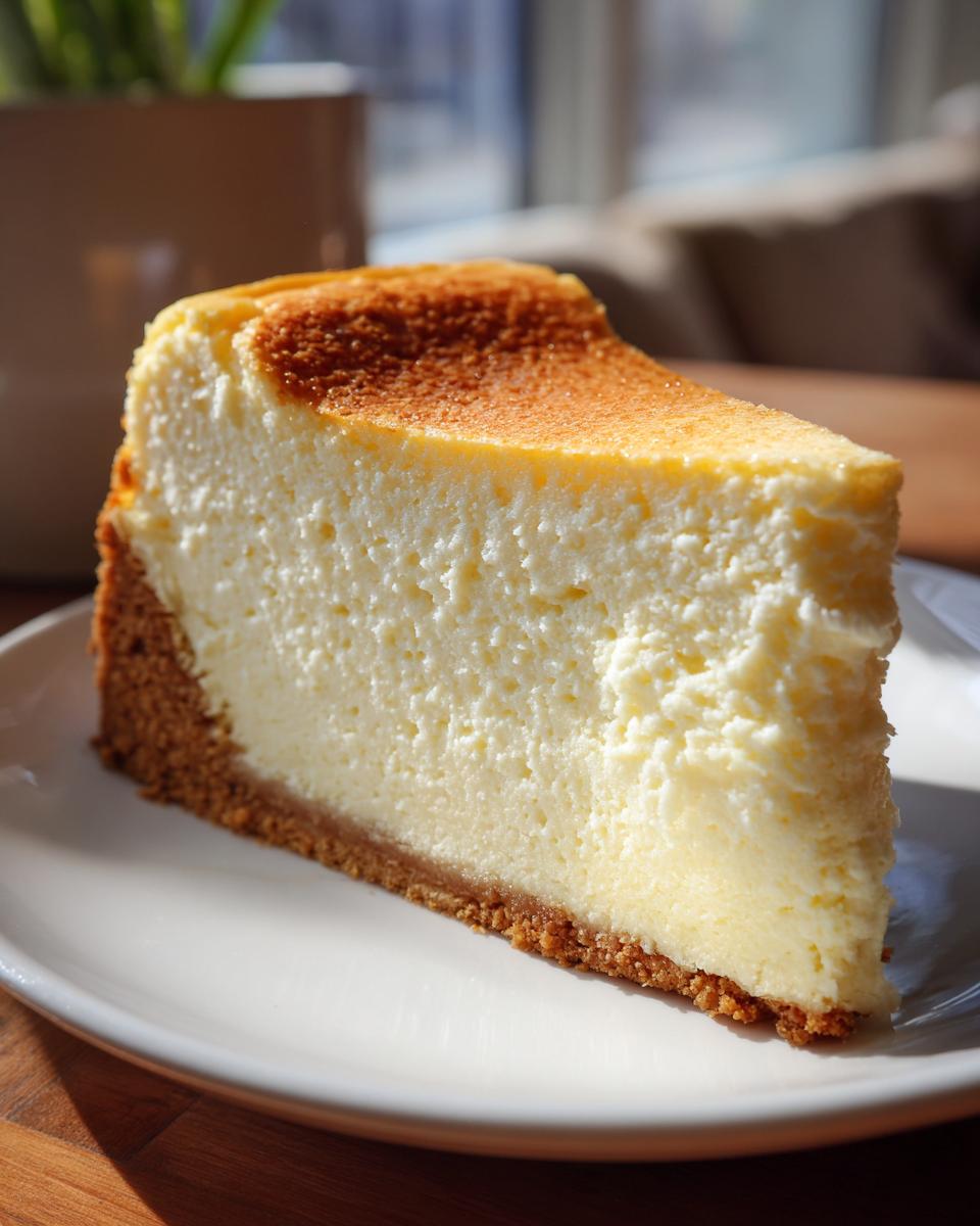 A perfect slice of baked cheesecake recipe showing creamy filling and graham cracker crust.