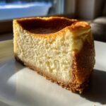 A thick, golden-brown slice of baked cheesecake recipe on a white plate, with a rich, creamy texture.