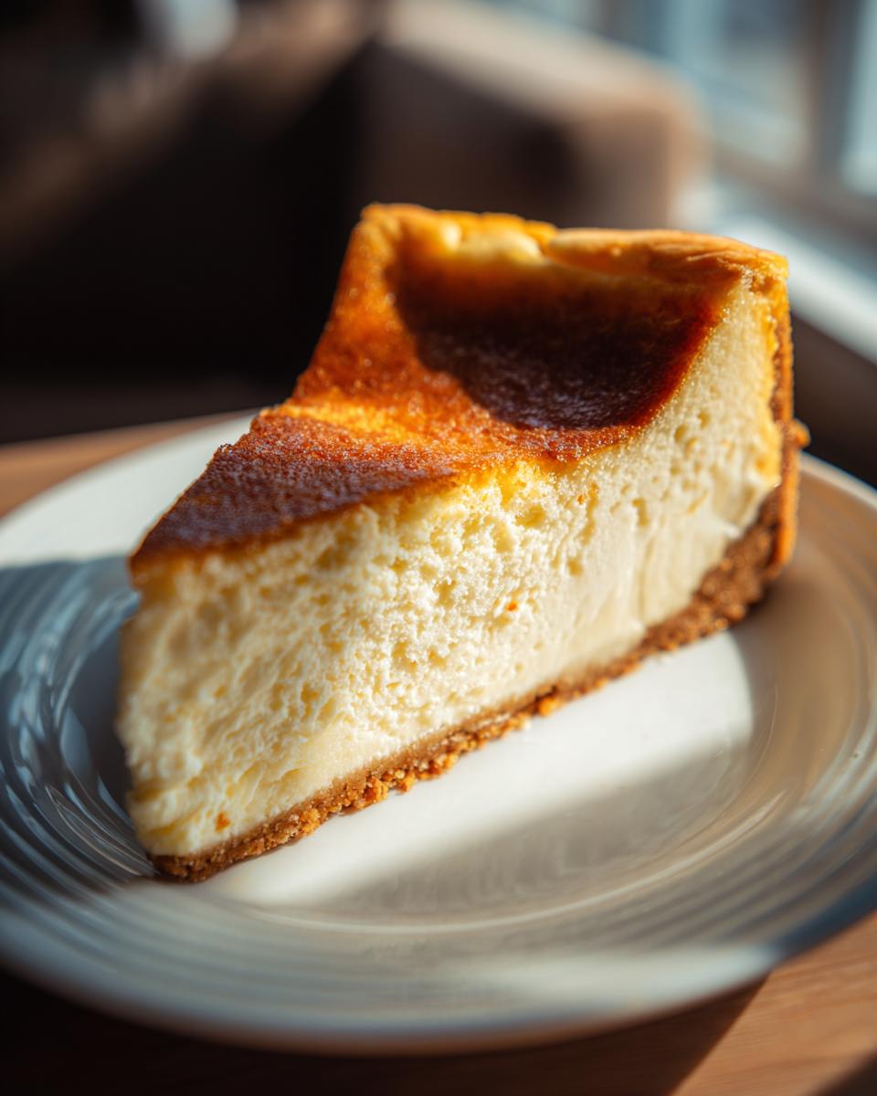 A close-up of a thick slice of baked cheesecake recipe with a golden-brown top on a white plate.