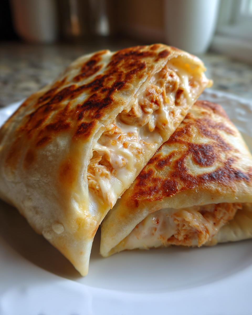 Two halves of a golden-brown Baked Chicken Chimichangas, cut open to show the creamy, cheesy chicken filling.