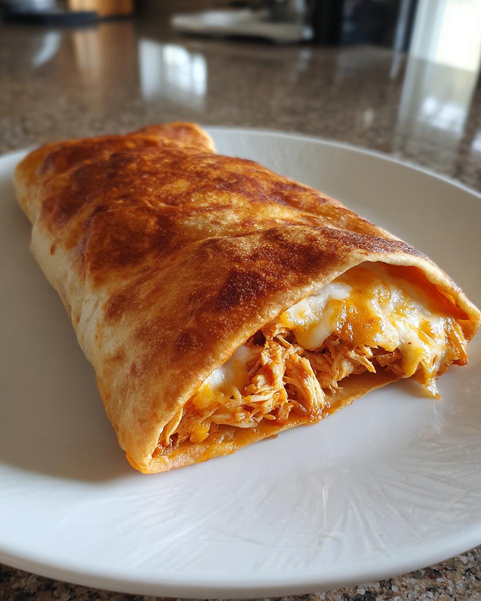 Close-up of a golden brown Baked Chicken Chimichanga, showing shredded chicken and melted cheese spilling out.