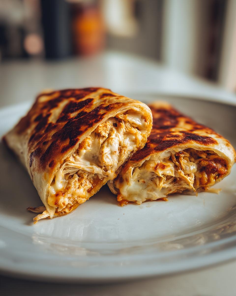 Two halves of a golden-brown Baked Chicken Chimichangas, cut open to show shredded chicken and melted cheese filling.