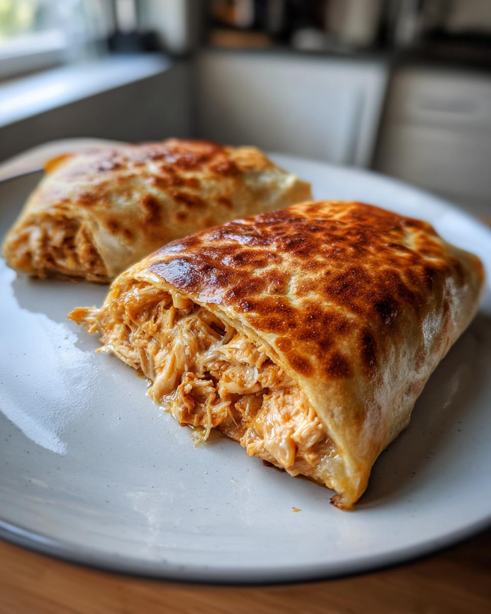 A close-up of a golden-brown Baked Chicken Chimichanga cut open to show the shredded, saucy chicken filling inside.