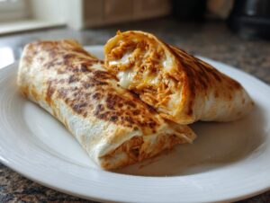 Two golden-brown Baked Chicken Chimichangas, one cut open to show shredded chicken filling and melted cheese.
