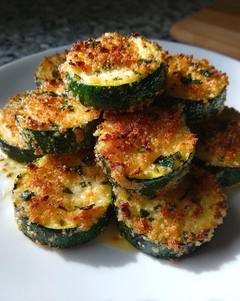 A stack of golden brown, crispy baked parmesan zucchini slices seasoned with herbs on a white plate.