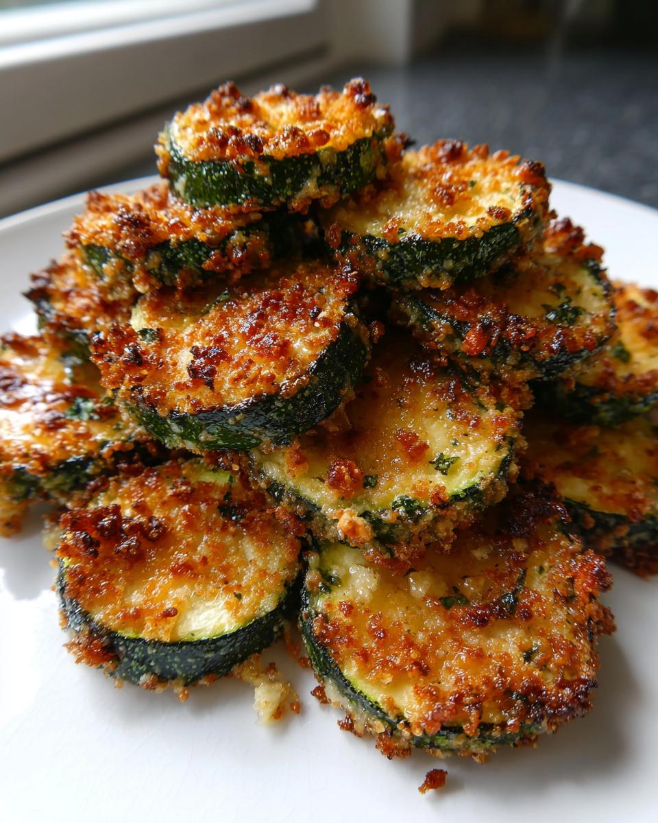 A close-up of crispy, golden brown baked parmesan zucchini slices stacked high on a white plate.