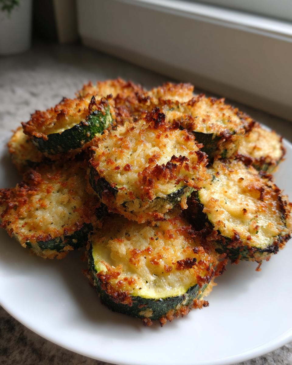A pile of crispy, golden-brown baked parmesan zucchini slices served on a white plate.