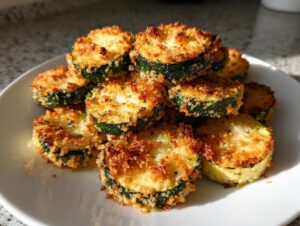 A pile of golden brown, crispy baked parmesan zucchini slices stacked on a white plate.