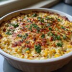 Close-up of hot, baked street corn dip in a white casserole dish, topped with melted cheese, chili powder, and fresh cilantro.