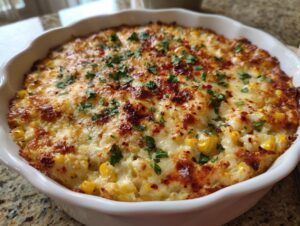 Close-up of a freshly baked street corn dip in a white dish, featuring melted, browned cheese and a sprinkle of parsley.
