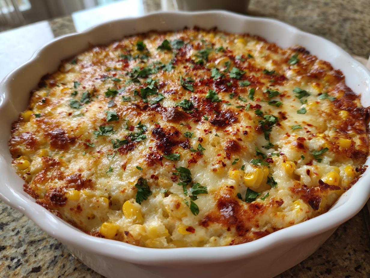 Close-up of a freshly baked street corn dip in a white dish, featuring melted, browned cheese and a sprinkle of parsley.