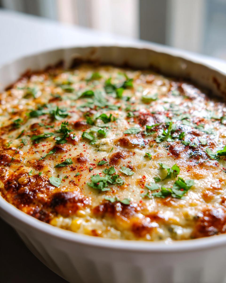 Close-up of hot, baked street corn dip in a white dish, topped with melted, browned cheese, cilantro, and paprika.