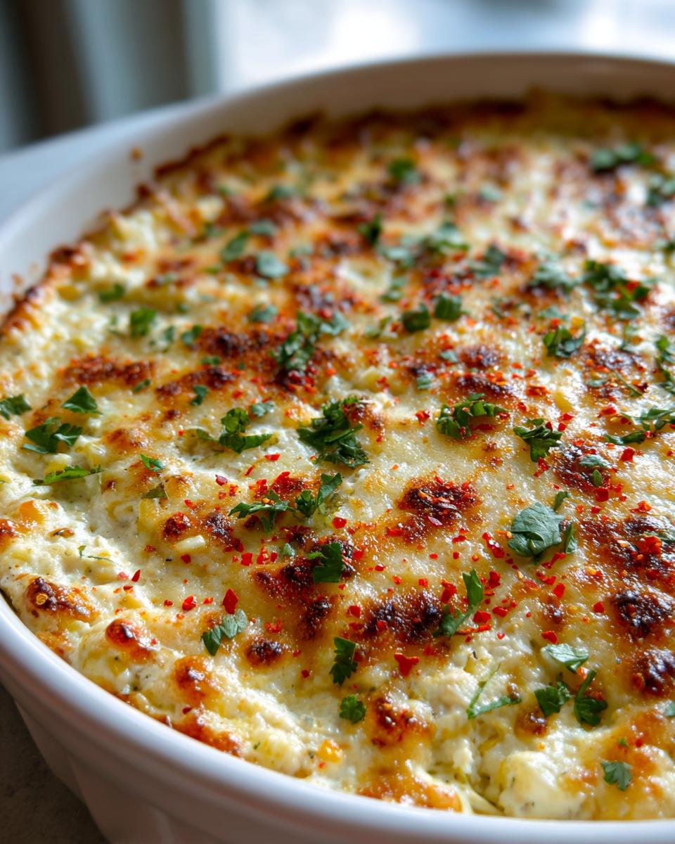 Close-up of a hot, baked street corn dip in a white dish, topped with melted cheese, chili flakes, and fresh cilantro.