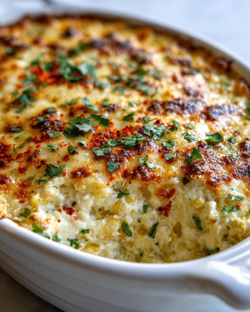 Close-up of hot, baked street corn dip in a white dish, topped with melted cheese, cilantro, and chili flakes.