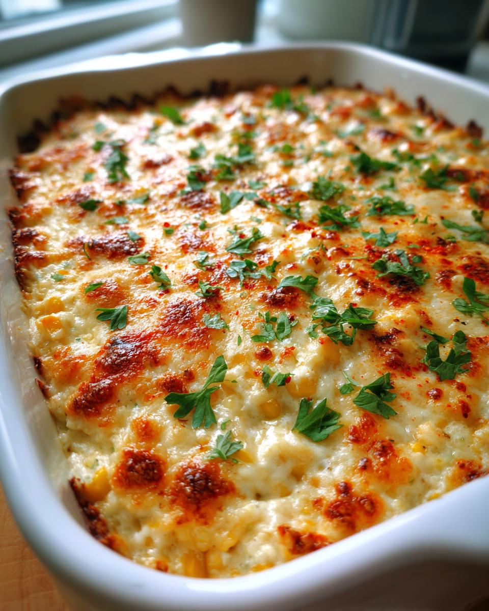 Close-up of hot, baked street corn dip in a white casserole dish, featuring bubbly, browned cheese and parsley garnish.