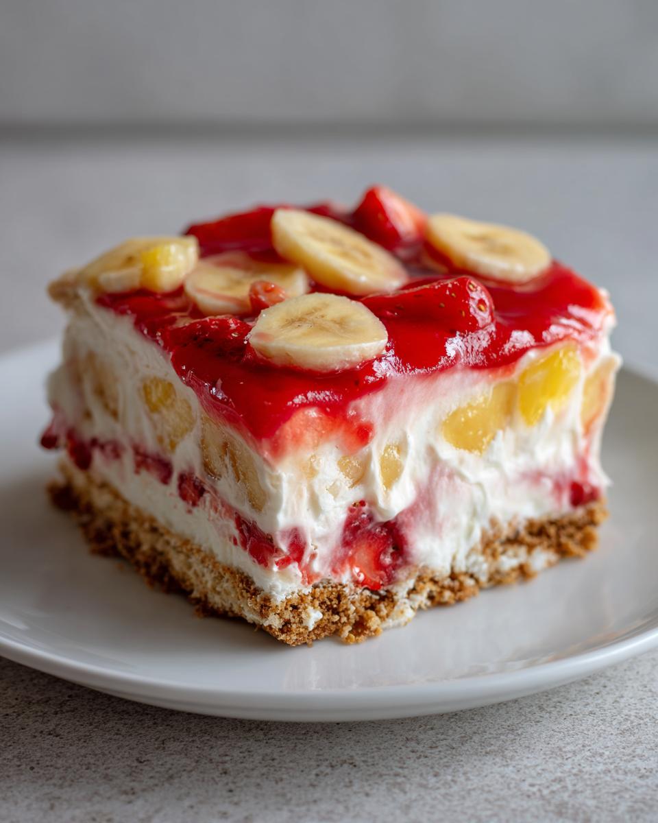 A square slice of creamy banana split cake featuring a graham cracker crust, layered filling, and topped with strawberry glaze and banana slices.