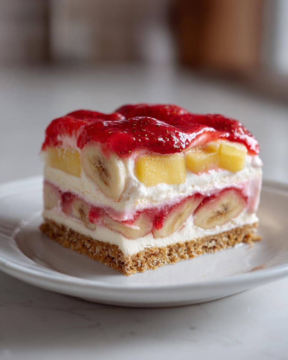 A perfect slice of no-bake banana split cake showing layers of graham cracker crust, cream, bananas, pineapple, and strawberry topping.