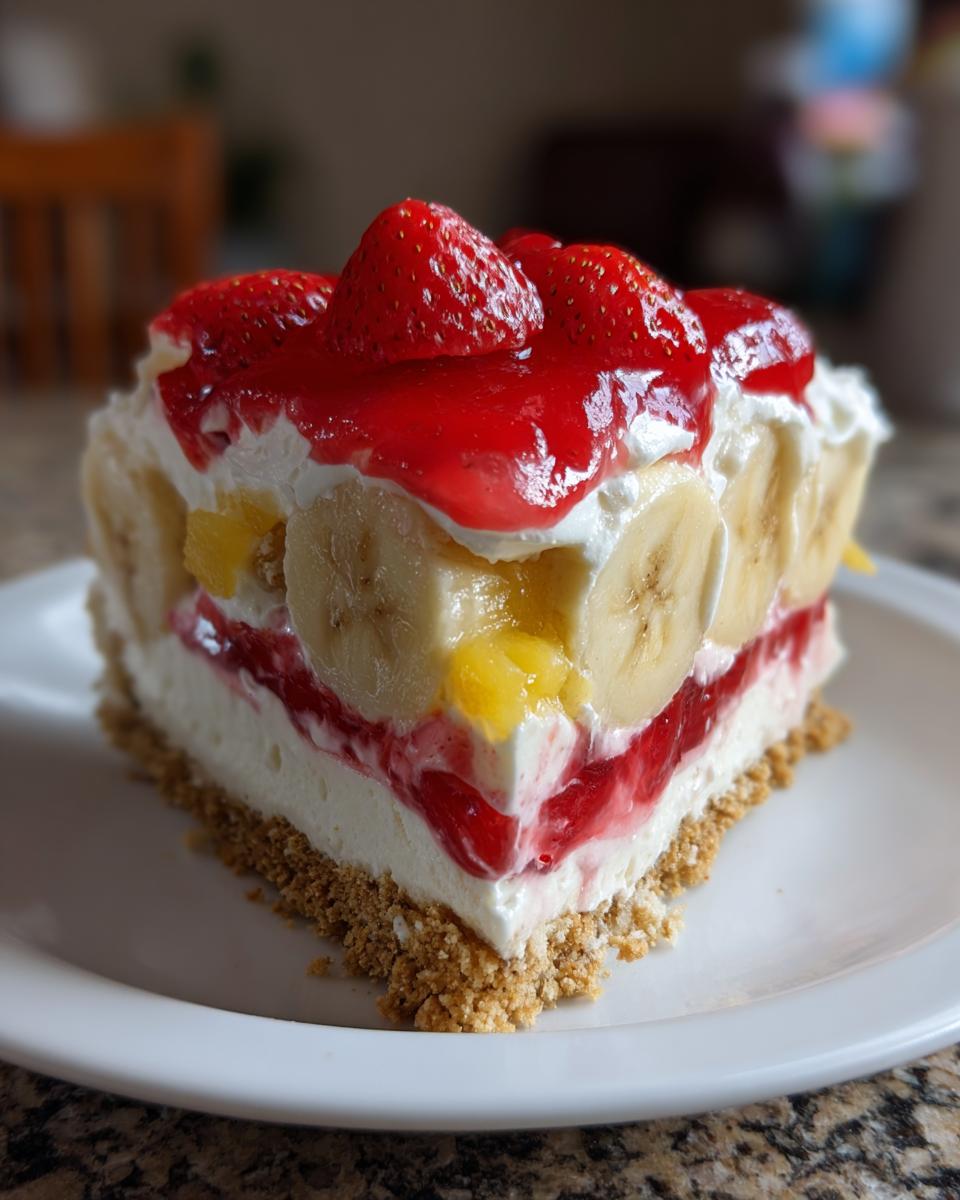 A perfect slice of banana split cake featuring layers of creamy filling, bananas, strawberries, and a graham cracker crust.