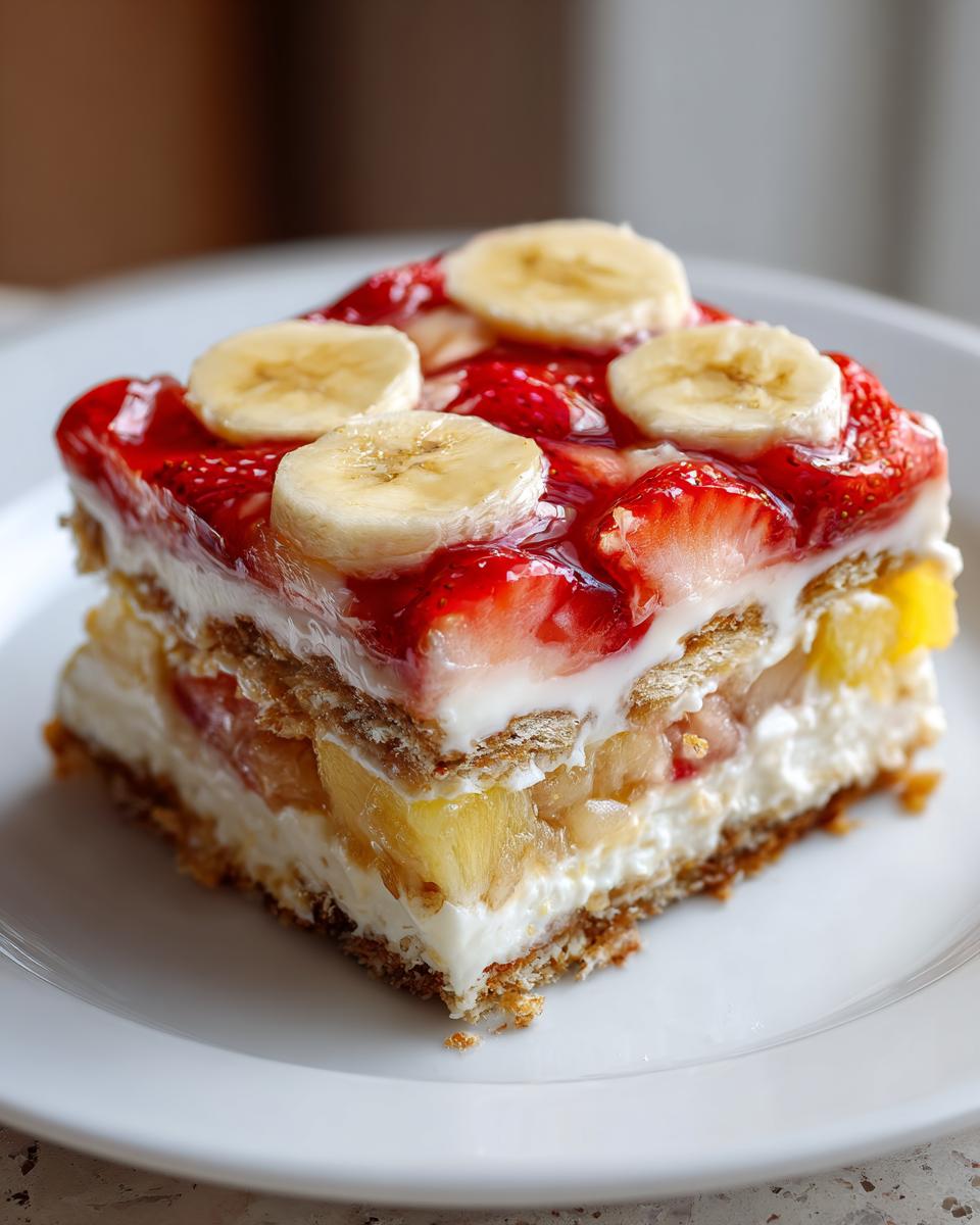 A perfect square slice of banana split cake featuring layers of cream, fruit, and graham cracker crust, topped with strawberries and banana slices.