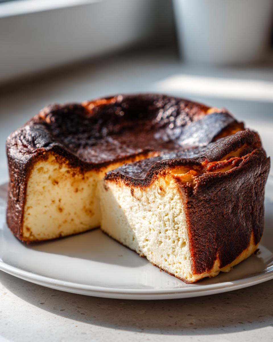 A whole Basque cheesecake with a slice cut out, showcasing the creamy interior and signature burnt top.