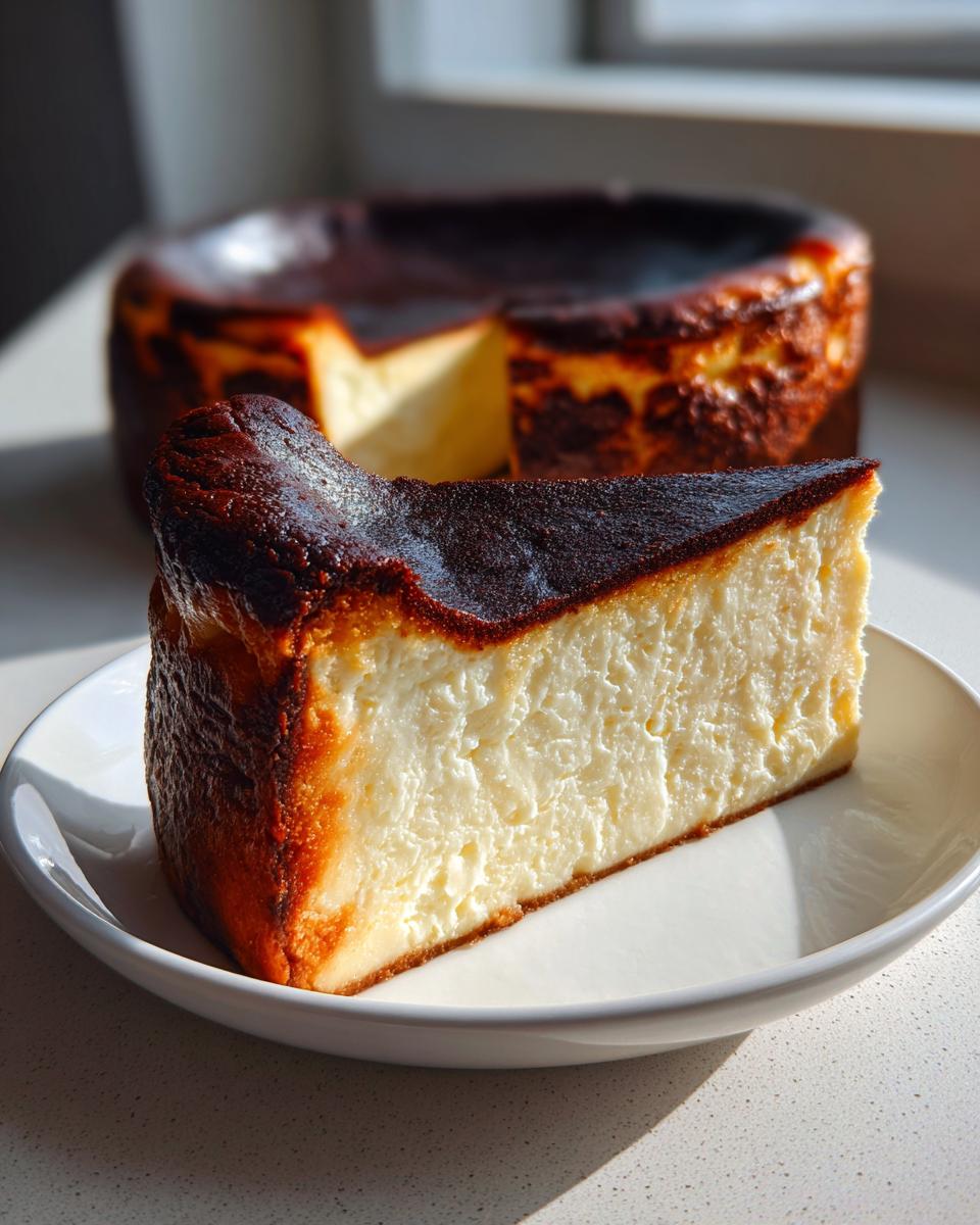 A thick slice of creamy Basque cheesecake with a deeply caramelized, almost burnt top, served on a white plate.