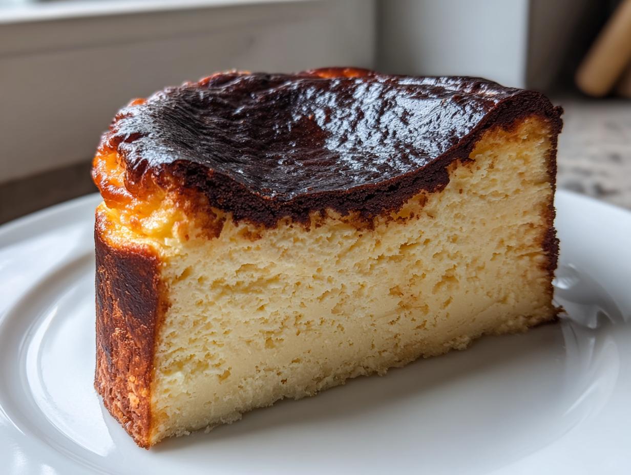 A thick slice of creamy Basque cheesecake featuring a deeply caramelized, almost burnt top crust.