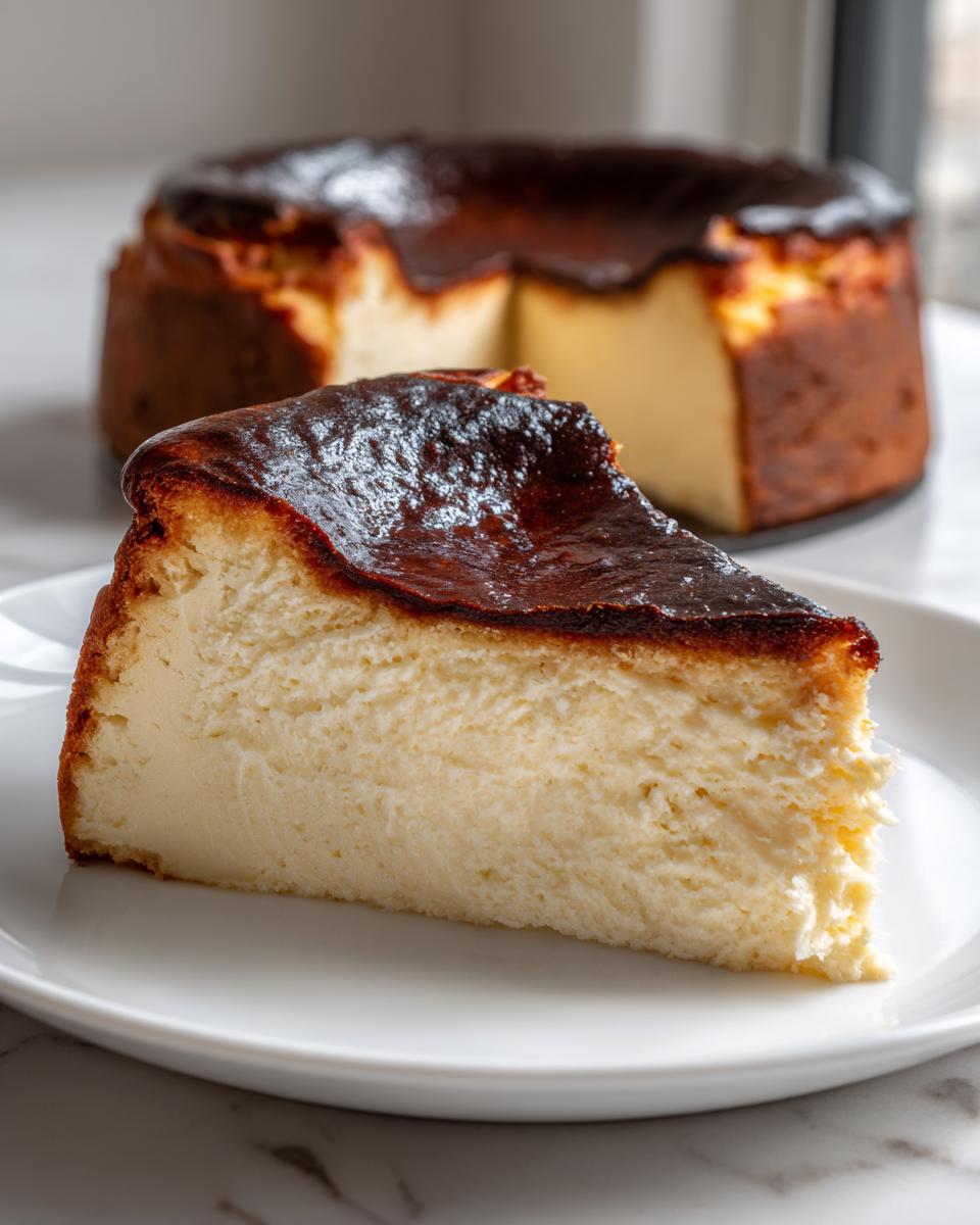 A close-up slice of creamy Basque cheesecake with a signature dark, caramelized top, set against the rest of the cake.