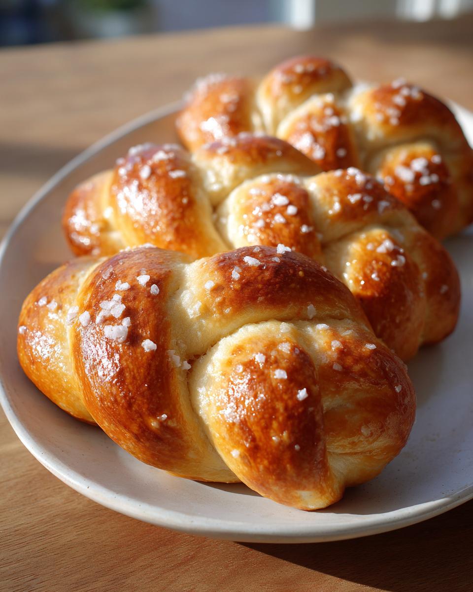 Close-up of golden-brown, braided pretzel dough buns sprinkled with coarse salt, ready for making pretzel dogs.