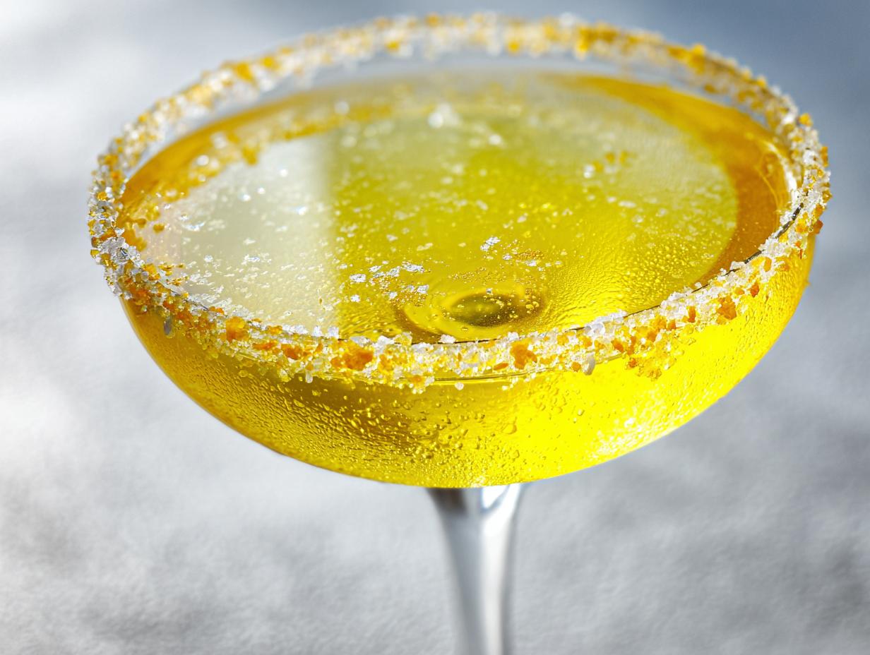 Close-up of a bright yellow lemon drop cocktail in a coupe glass with a coarse sugar and zest rim.
