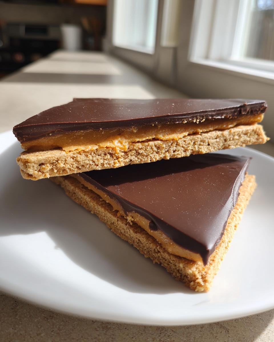 Two triangular pieces of buckeye graham crackers stacked, showing the graham base, peanut butter layer, and chocolate topping.