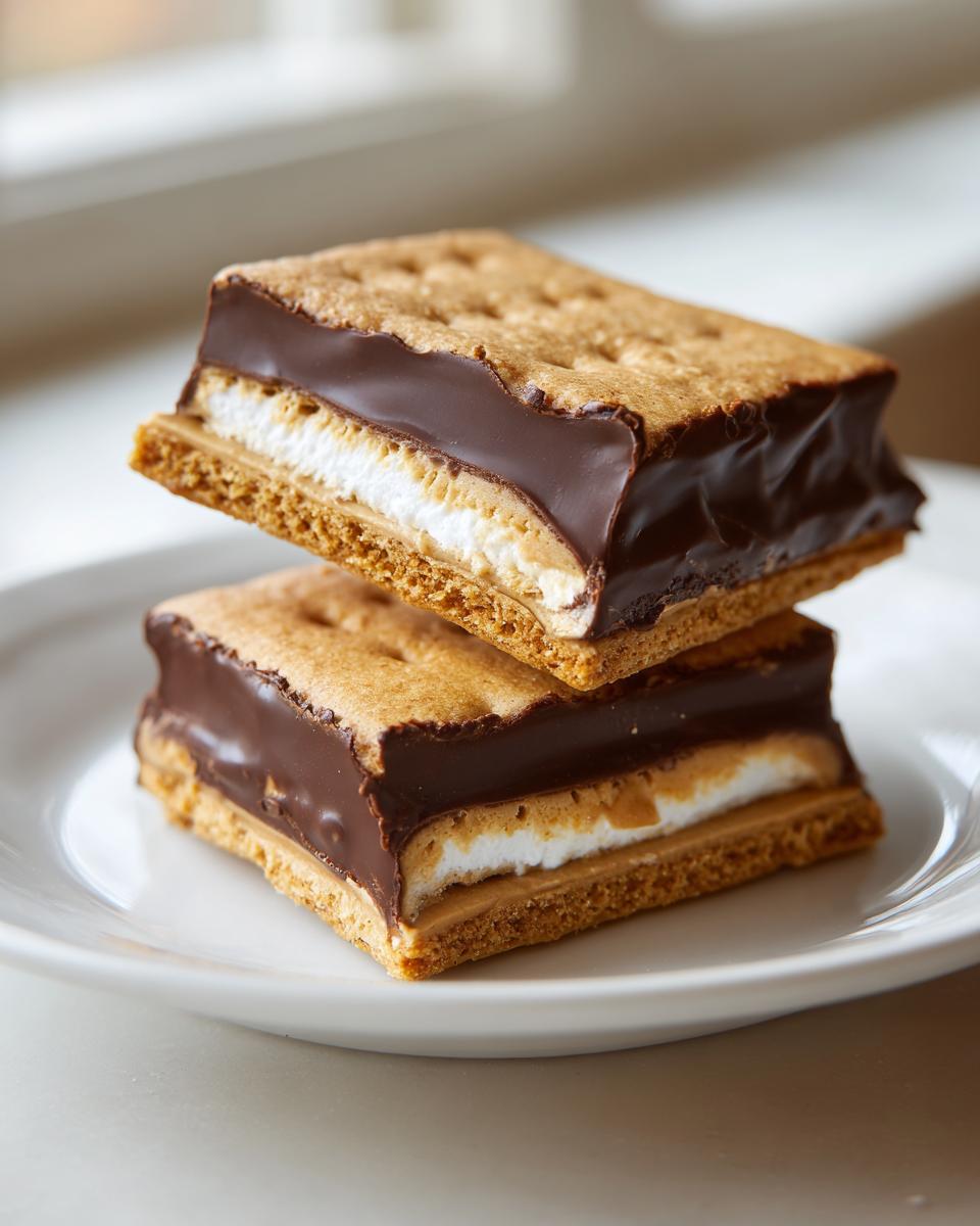 Two stacked no bake buckeye graham crackers filled with peanut butter, marshmallow, and chocolate.