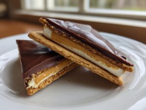 Two triangular pieces of buckeye graham crackers stacked on a white plate, showing peanut butter, marshmallow, and chocolate topping.